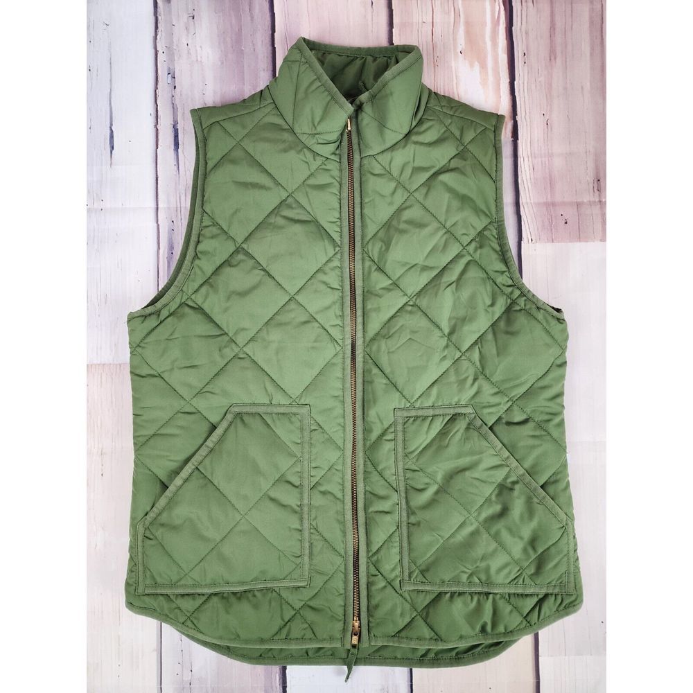 J Crew Size Small Factory Quilted Puffer Vest Green Full Zip G7520 Snap Pockets - Picture 2 of 9